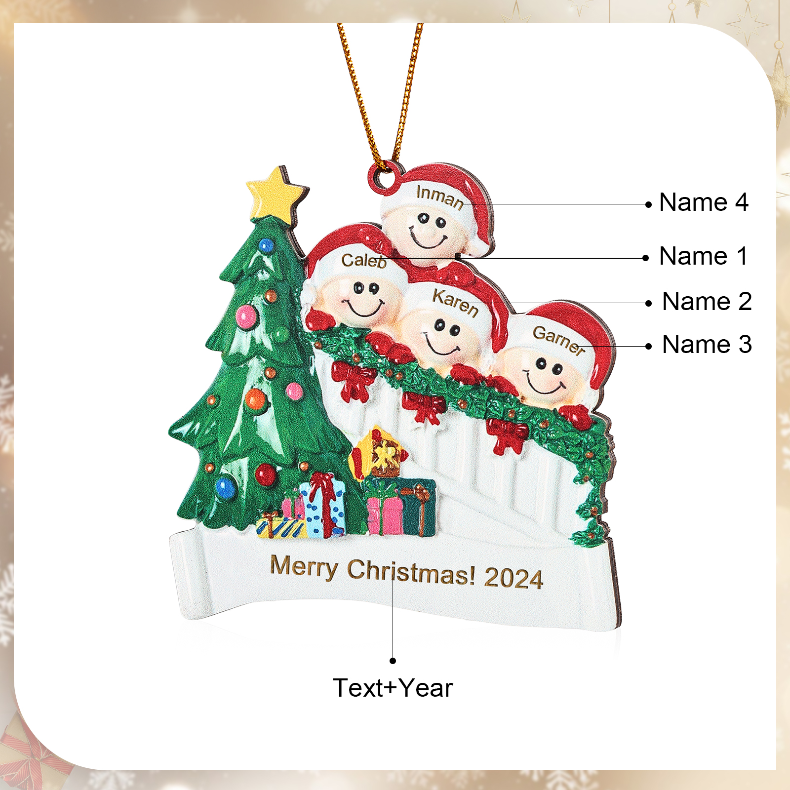 Decorazione Natalizia in Legno Personalizzata - Personalizza 4 Nomi, 1 Testo, Data - Albero di Natale e Personaggi, Regalo di Natale per la Famiglia | Jessemade