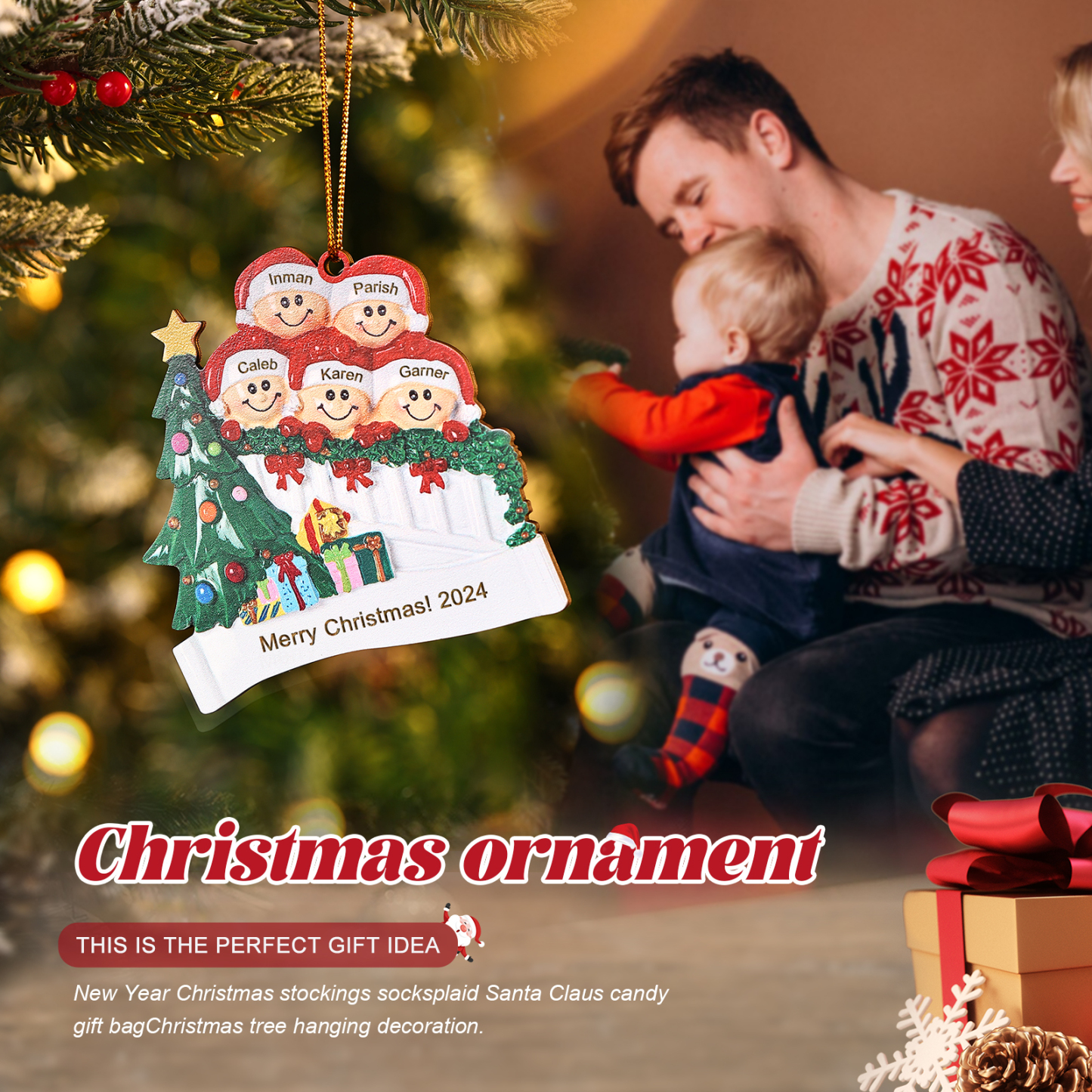 Decorazione Natalizia in Legno Personalizzata - Personalizza 5 Nomi, 1 Testo, Data - Albero di Natale e Personaggi, Regalo di Natale per la Famiglia | Jessemade