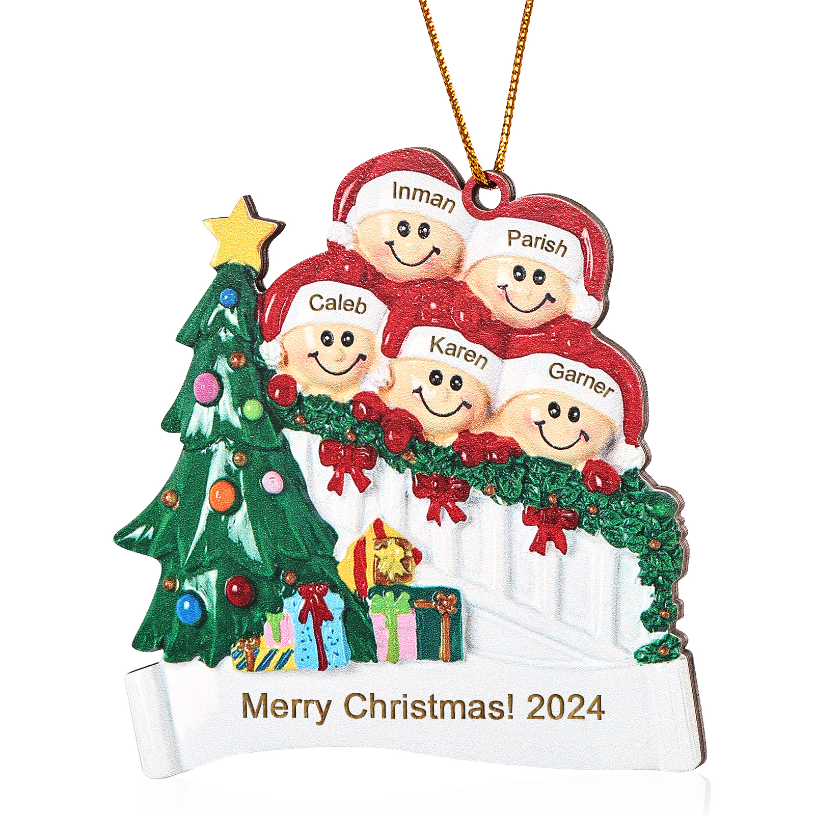Decorazione Natalizia in Legno Personalizzata - Personalizza 5 Nomi, 1 Testo, Data - Albero di Natale e Personaggi, Regalo di Natale per la Famiglia | Jessemade
