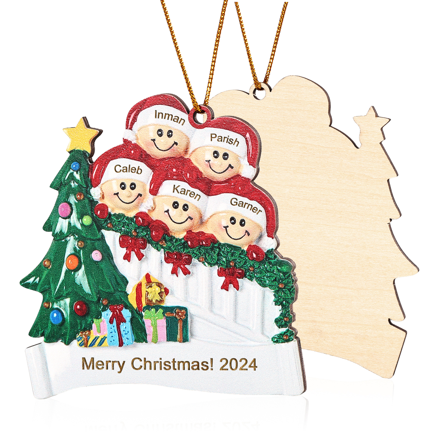 Decorazione Natalizia in Legno Personalizzata - Personalizza 5 Nomi, 1 Testo, Data - Albero di Natale e Personaggi, Regalo di Natale per la Famiglia | Jessemade