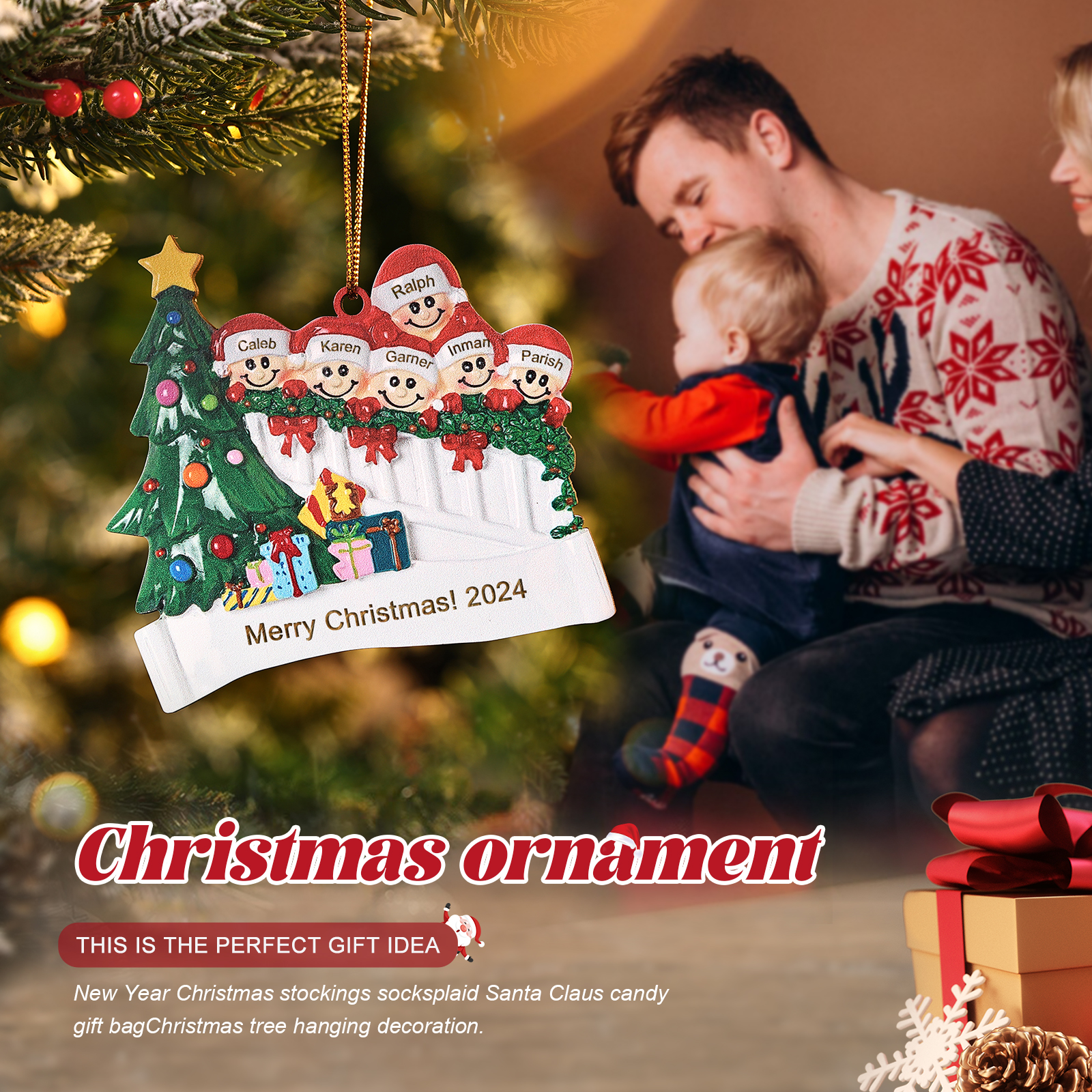 Decorazione Natalizia in Legno Personalizzata - Personalizza 6 Nomi, 1 Testo, Data - Albero di Natale e Personaggi, Regalo di Natale per la Famiglia | Jessemade