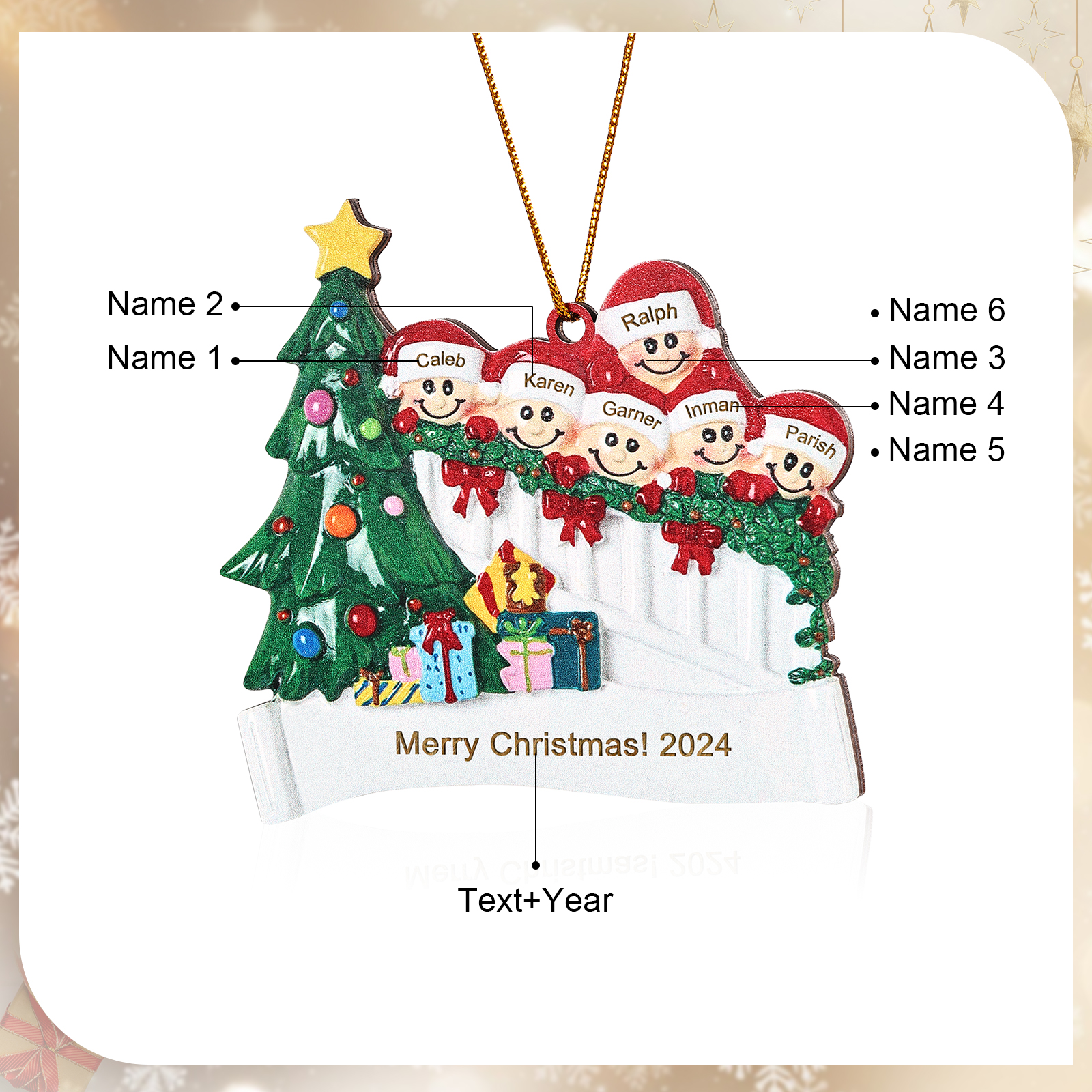 Decorazione Natalizia in Legno Personalizzata - Personalizza 6 Nomi, 1 Testo, Data - Albero di Natale e Personaggi, Regalo di Natale per la Famiglia | Jessemade