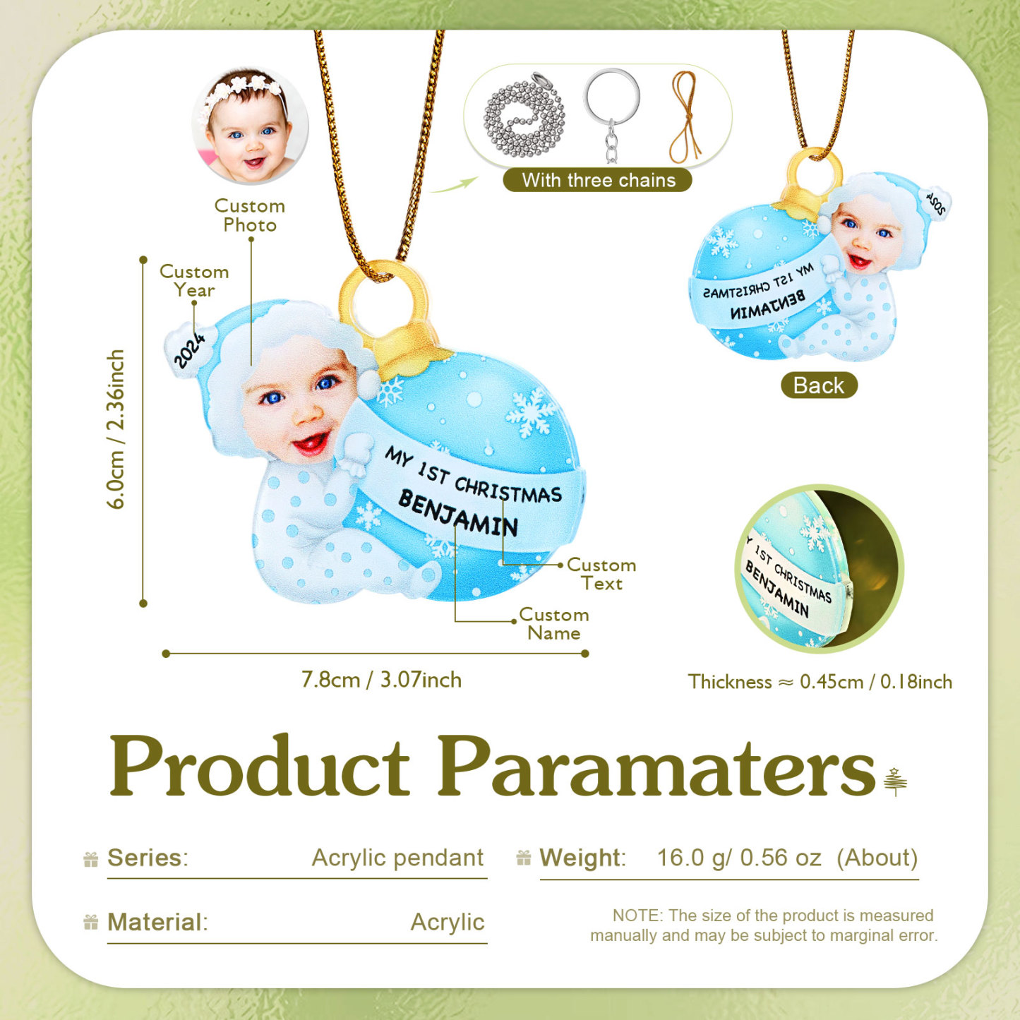 Ornamento Natalizio Personalizzato in Acrilico per il Primo Natale del Bambino con Foto, Nome, Data e Testo - Design Multicolore, Regalo di Natale per Famiglia | Jessemade