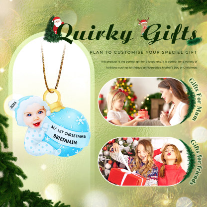Ornamento Natalizio Personalizzato in Acrilico per il Primo Natale del Bambino con Foto, Nome, Data e Testo - Design Multicolore, Regalo di Natale per Famiglia | Jessemade