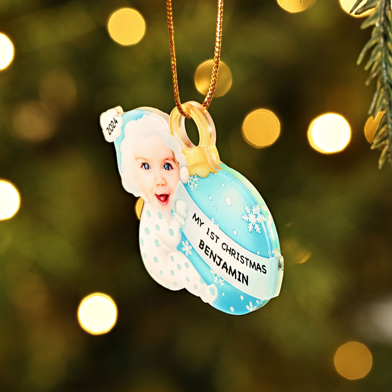 Ornamento Natalizio Personalizzato in Acrilico per il Primo Natale del Bambino con Foto, Nome, Data e Testo - Design Multicolore, Regalo di Natale per Famiglia | Jessemade