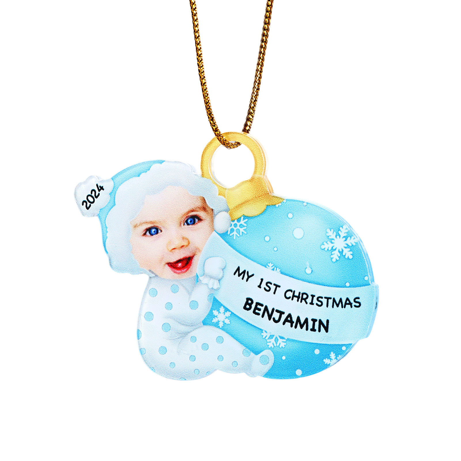 Ornamento Natalizio Personalizzato in Acrilico per il Primo Natale del Bambino con Foto, Nome, Data e Testo - Design Multicolore, Regalo di Natale per Famiglia | Jessemade