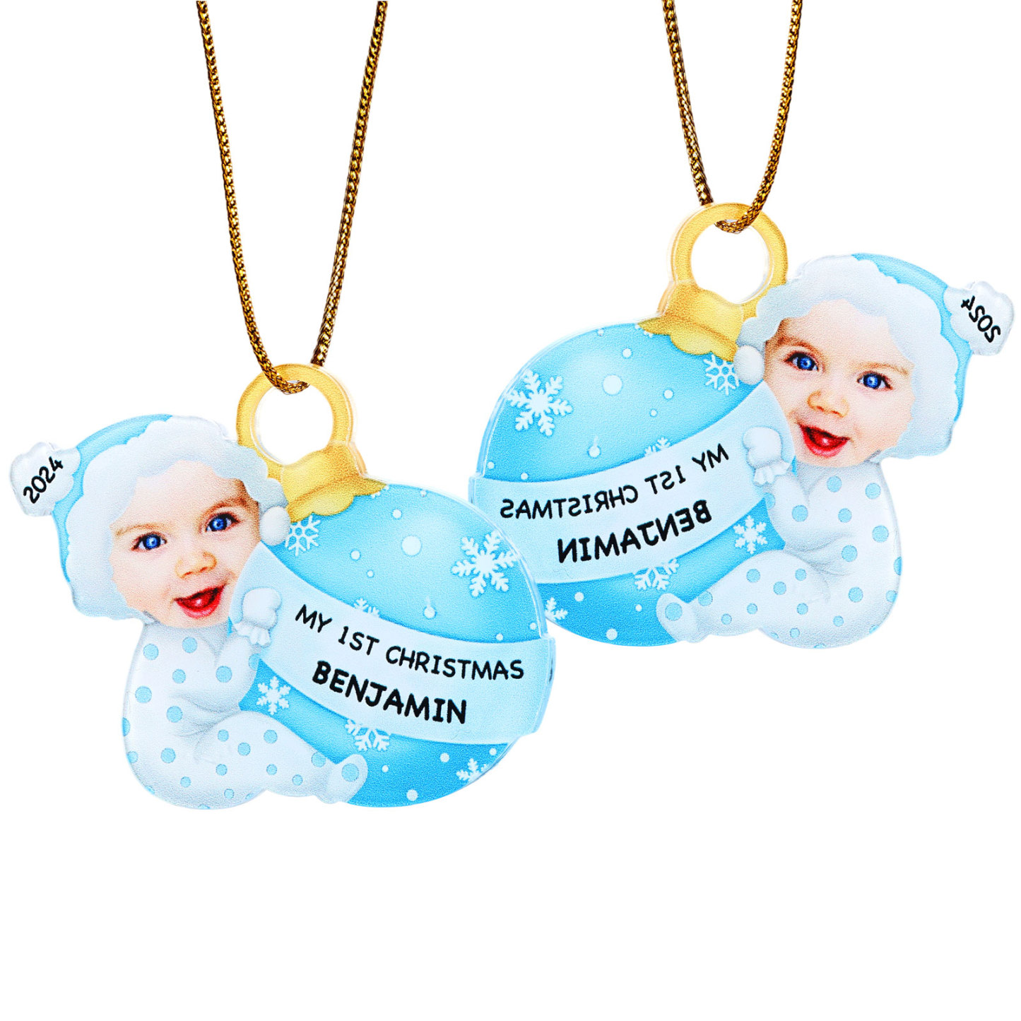Ornamento Natalizio Personalizzato in Acrilico per il Primo Natale del Bambino con Foto, Nome, Data e Testo - Design Multicolore, Regalo di Natale per Famiglia | Jessemade