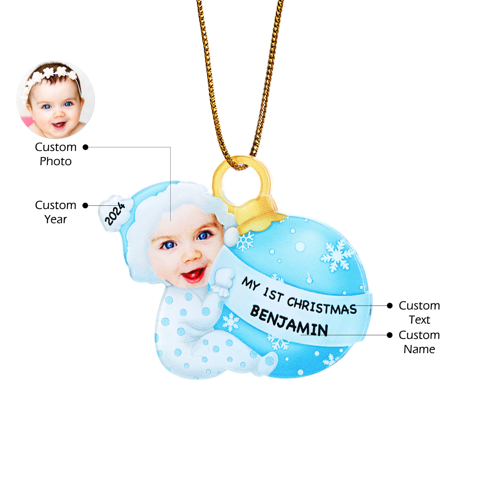 Ornamento Natalizio Personalizzato in Acrilico per il Primo Natale del Bambino con Foto, Nome, Data e Testo - Design Multicolore, Regalo di Natale per Famiglia | Jessemade