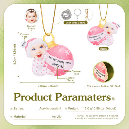 Ornamento Natalizio Personalizzato in Acrilico per il Primo Natale del Bambino con Foto, Nome, Data e Testo - Design Multicolore, Regalo di Natale per Famiglia | Jessemade