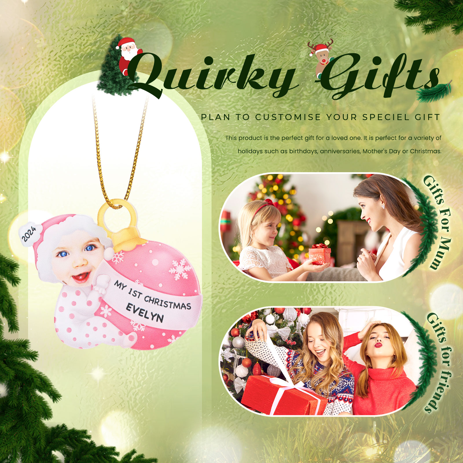 Ornamento Natalizio Personalizzato in Acrilico per il Primo Natale del Bambino con Foto, Nome, Data e Testo - Design Multicolore, Regalo di Natale per Famiglia | Jessemade