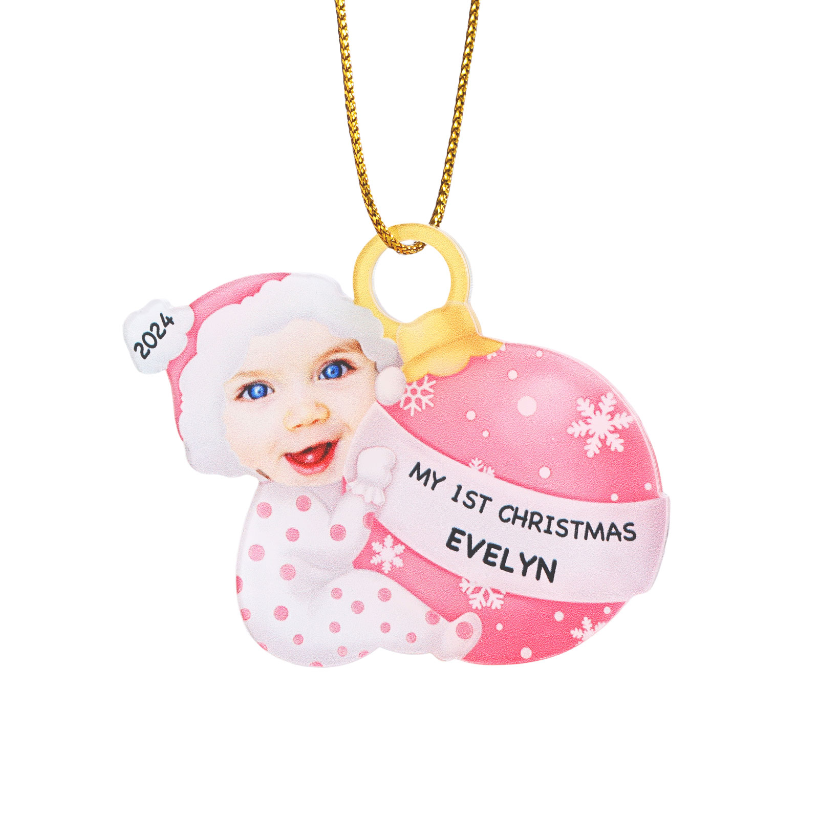 Ornamento Natalizio Personalizzato in Acrilico per il Primo Natale del Bambino con Foto, Nome, Data e Testo - Design Multicolore, Regalo di Natale per Famiglia | Jessemade