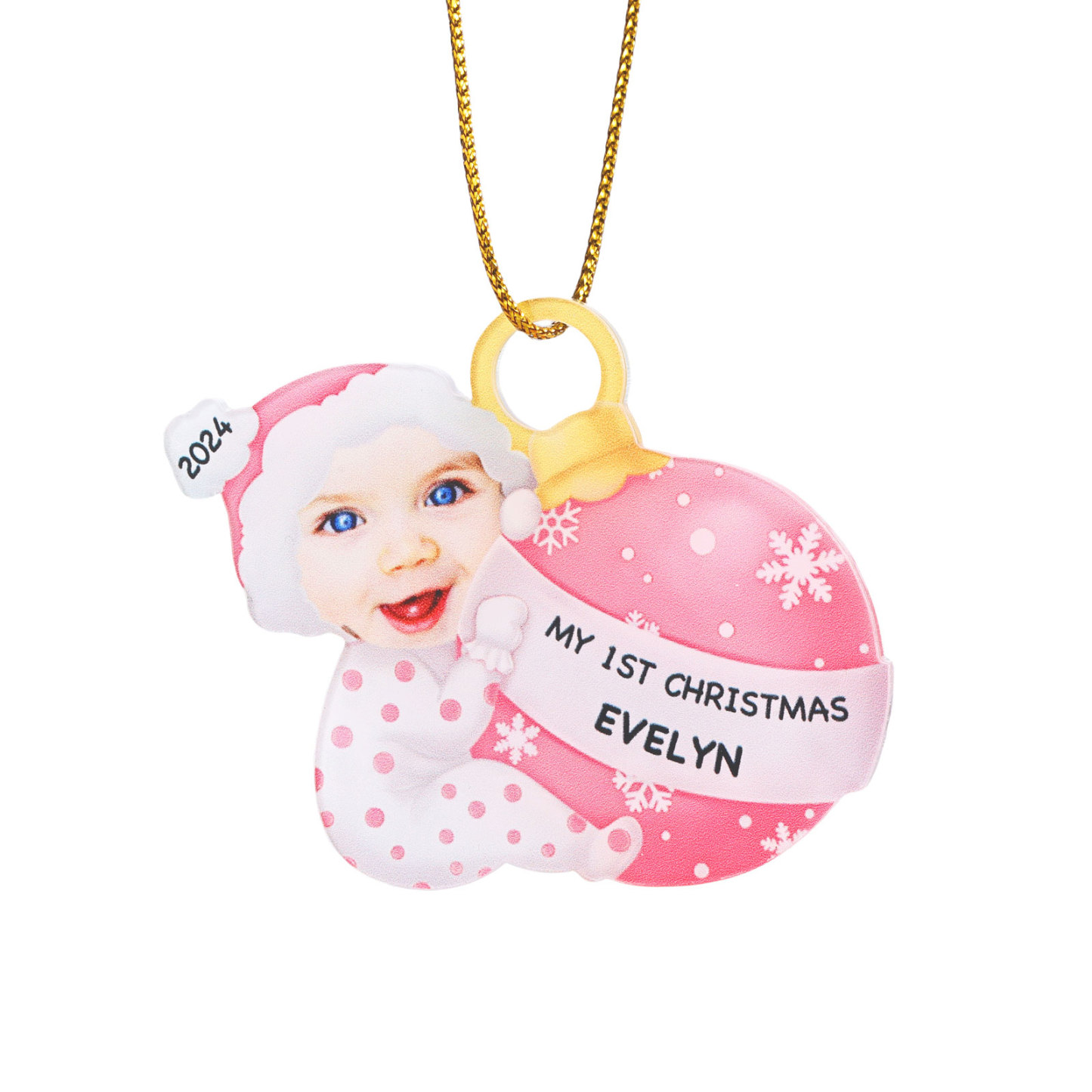 Ornamento Natalizio Personalizzato in Acrilico per il Primo Natale del Bambino con Foto, Nome, Data e Testo - Design Multicolore, Regalo di Natale per Famiglia | Jessemade