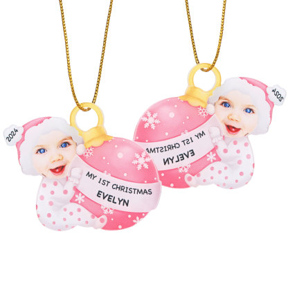Ornamento Natalizio Personalizzato in Acrilico per il Primo Natale del Bambino con Foto, Nome, Data e Testo - Design Multicolore, Regalo di Natale per Famiglia | Jessemade