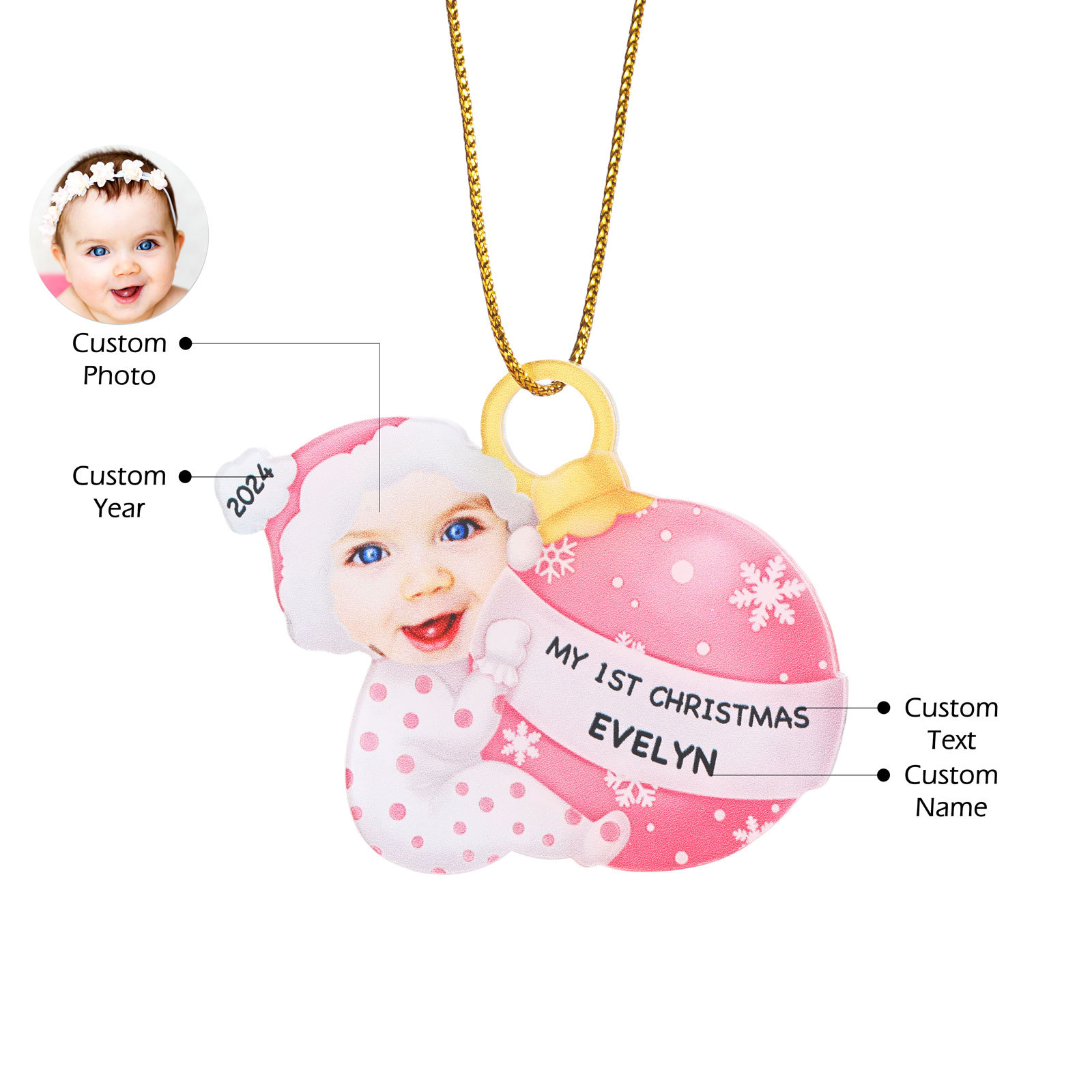 Ornamento Natalizio Personalizzato in Acrilico per il Primo Natale del Bambino con Foto, Nome, Data e Testo - Design Multicolore, Regalo di Natale per Famiglia | Jessemade