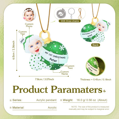 Ornamento Natalizio Personalizzato in Acrilico per il Primo Natale del Bambino con Foto, Nome, Data e Testo - Design Multicolore, Regalo di Natale per Famiglia | Jessemade