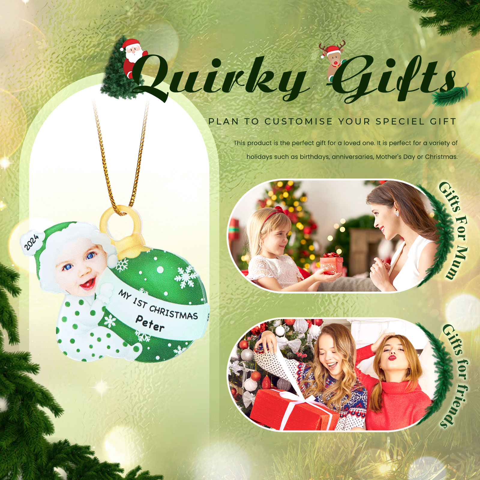 Ornamento Natalizio Personalizzato in Acrilico per il Primo Natale del Bambino con Foto, Nome, Data e Testo - Design Multicolore, Regalo di Natale per Famiglia | Jessemade