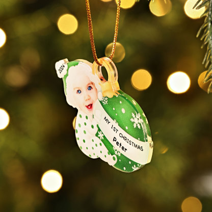 Ornamento Natalizio Personalizzato in Acrilico per il Primo Natale del Bambino con Foto, Nome, Data e Testo - Design Multicolore, Regalo di Natale per Famiglia | Jessemade