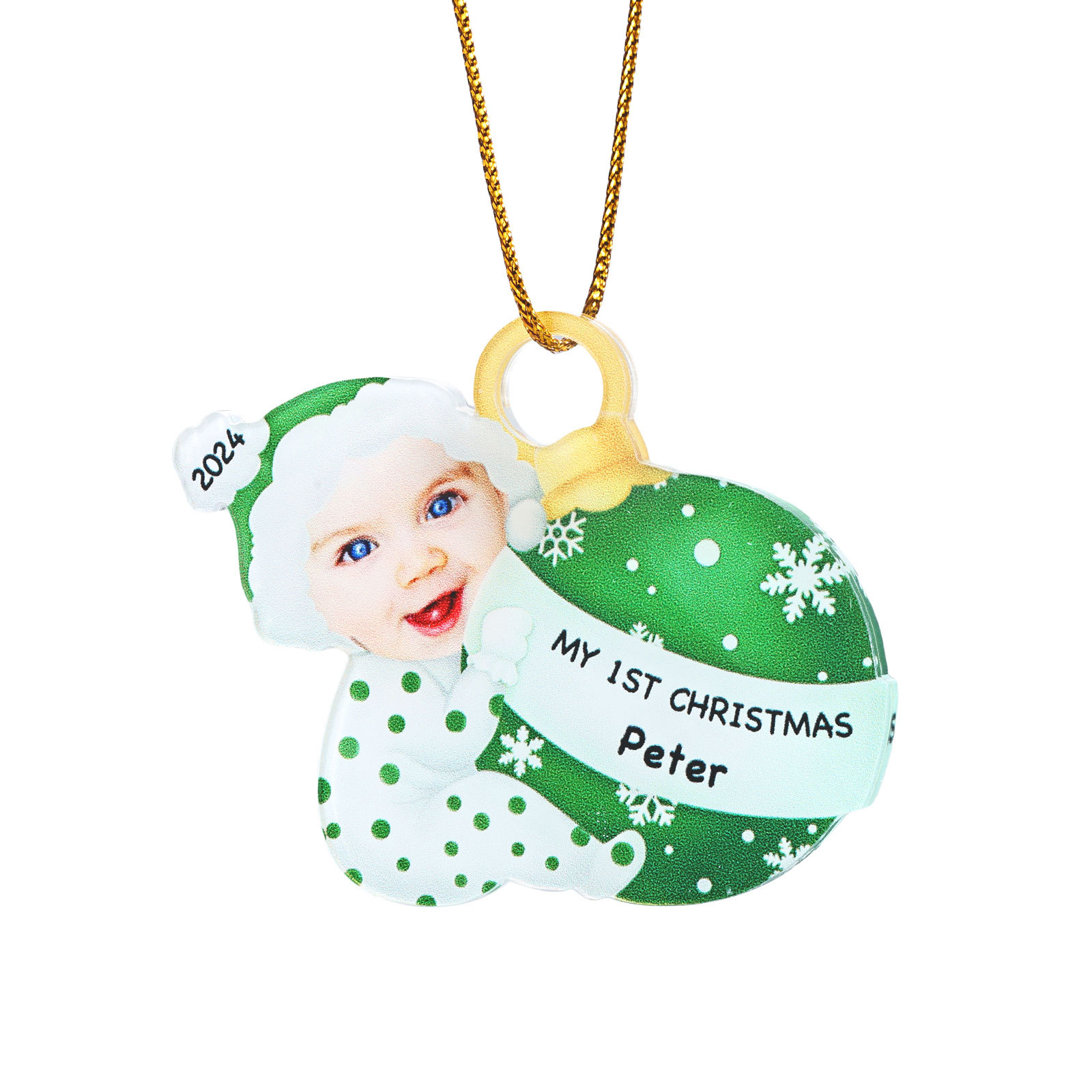 Ornamento Natalizio Personalizzato in Acrilico per il Primo Natale del Bambino con Foto, Nome, Data e Testo - Design Multicolore, Regalo di Natale per Famiglia | Jessemade