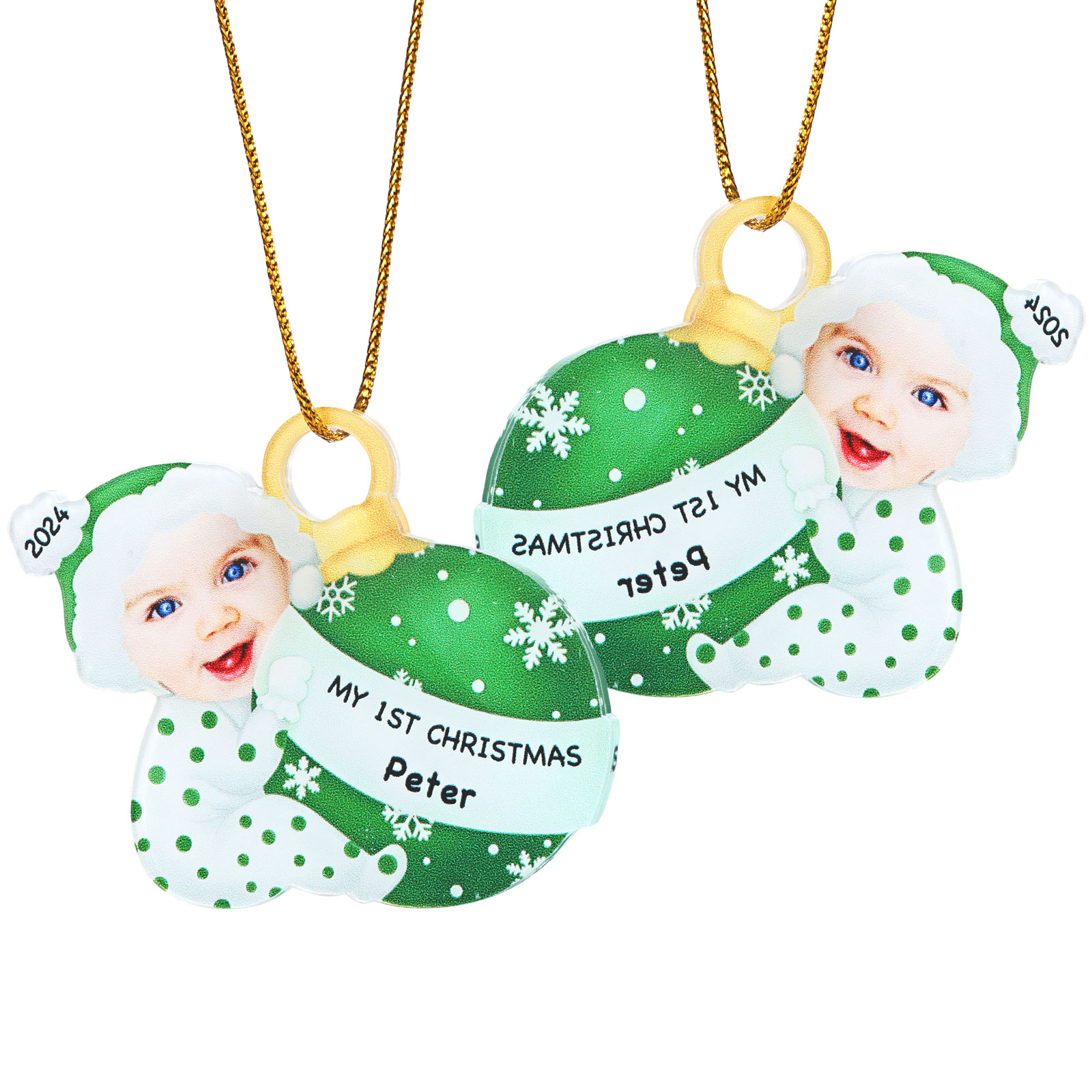Ornamento Natalizio Personalizzato in Acrilico per il Primo Natale del Bambino con Foto, Nome, Data e Testo - Design Multicolore, Regalo di Natale per Famiglia | Jessemade