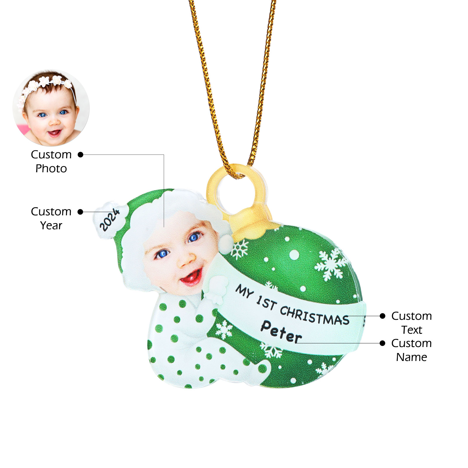 Ornamento Natalizio Personalizzato in Acrilico per il Primo Natale del Bambino con Foto, Nome, Data e Testo - Design Multicolore, Regalo di Natale per Famiglia | Jessemade