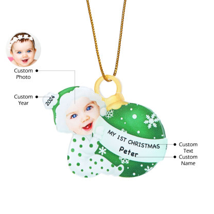 Ornamento Natalizio Personalizzato in Acrilico per il Primo Natale del Bambino con Foto, Nome, Data e Testo - Design Multicolore, Regalo di Natale per Famiglia | Jessemade
