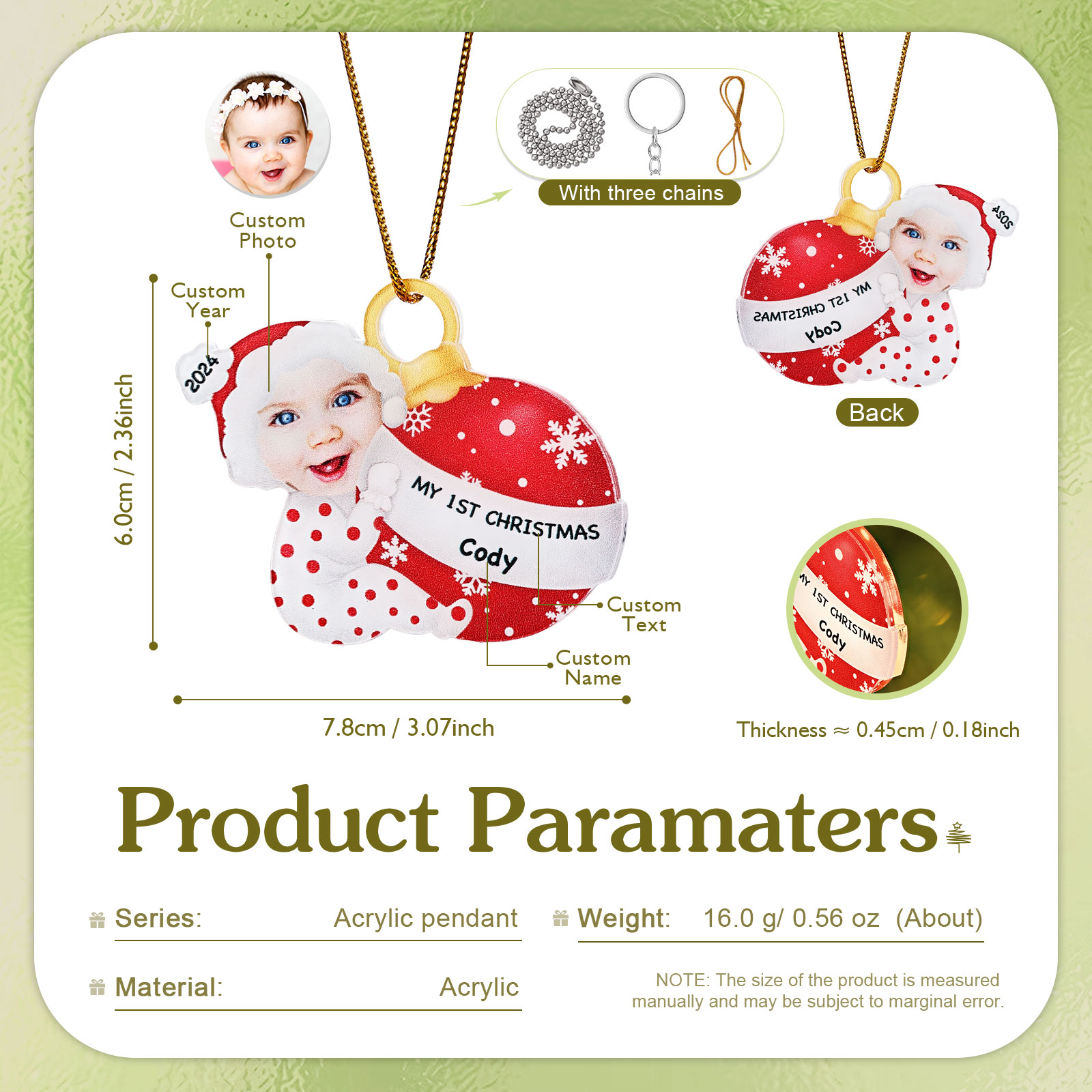 Ornamento Natalizio Personalizzato in Acrilico per il Primo Natale del Bambino con Foto, Nome, Data e Testo - Design Multicolore, Regalo di Natale per Famiglia | Jessemade