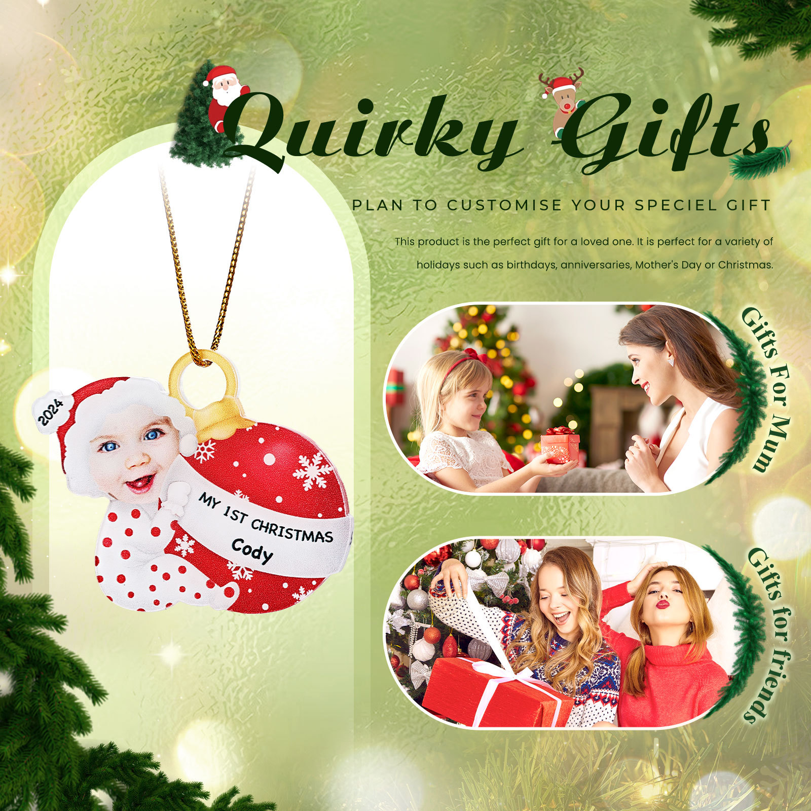 Ornamento Natalizio Personalizzato in Acrilico per il Primo Natale del Bambino con Foto, Nome, Data e Testo - Design Multicolore, Regalo di Natale per Famiglia | Jessemade