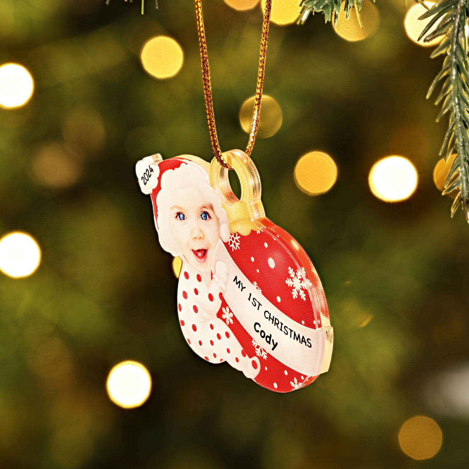 Ornamento Natalizio Personalizzato in Acrilico per il Primo Natale del Bambino con Foto, Nome, Data e Testo - Design Multicolore, Regalo di Natale per Famiglia | Jessemade