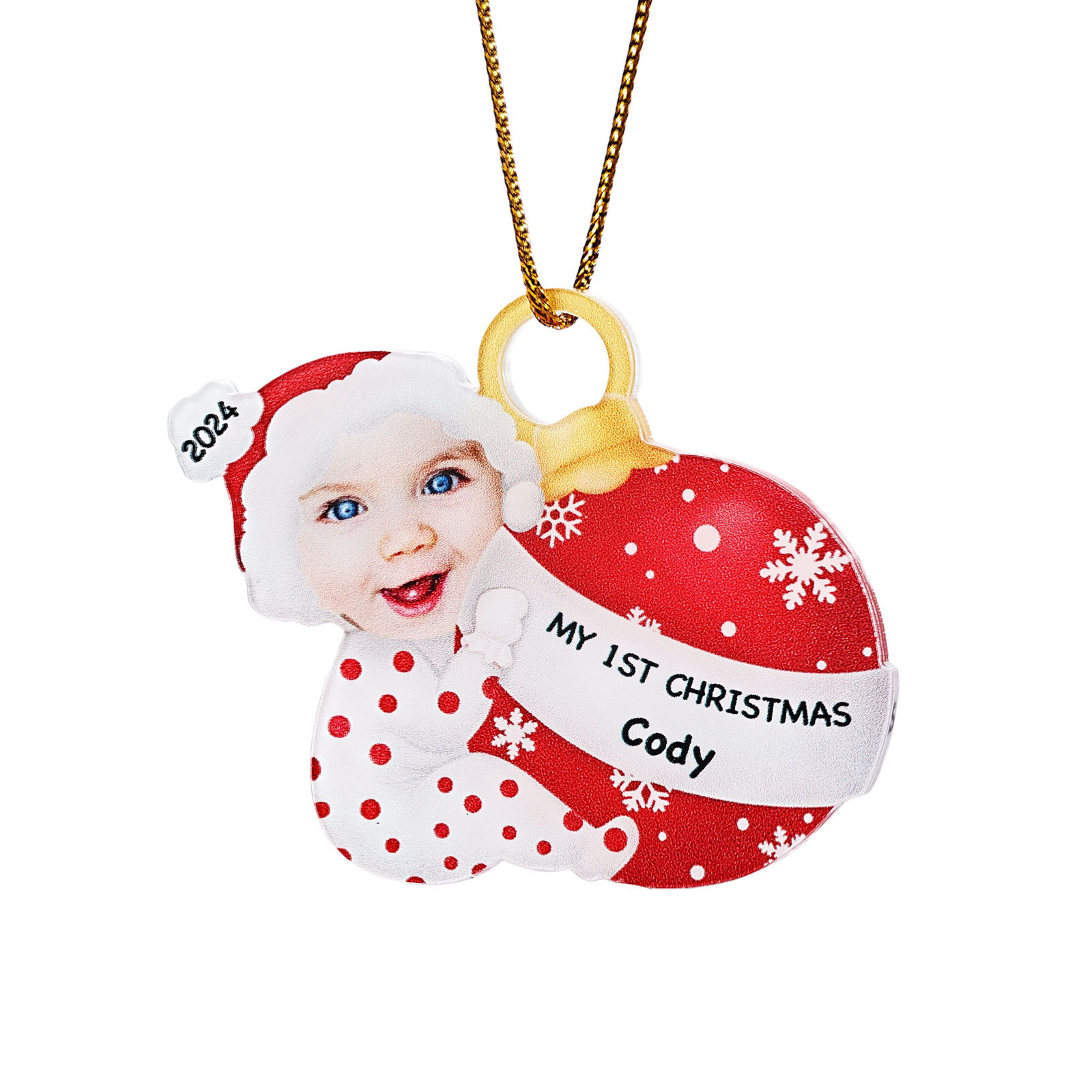 Ornamento Natalizio Personalizzato in Acrilico per il Primo Natale del Bambino con Foto, Nome, Data e Testo - Design Multicolore, Regalo di Natale per Famiglia | Jessemade