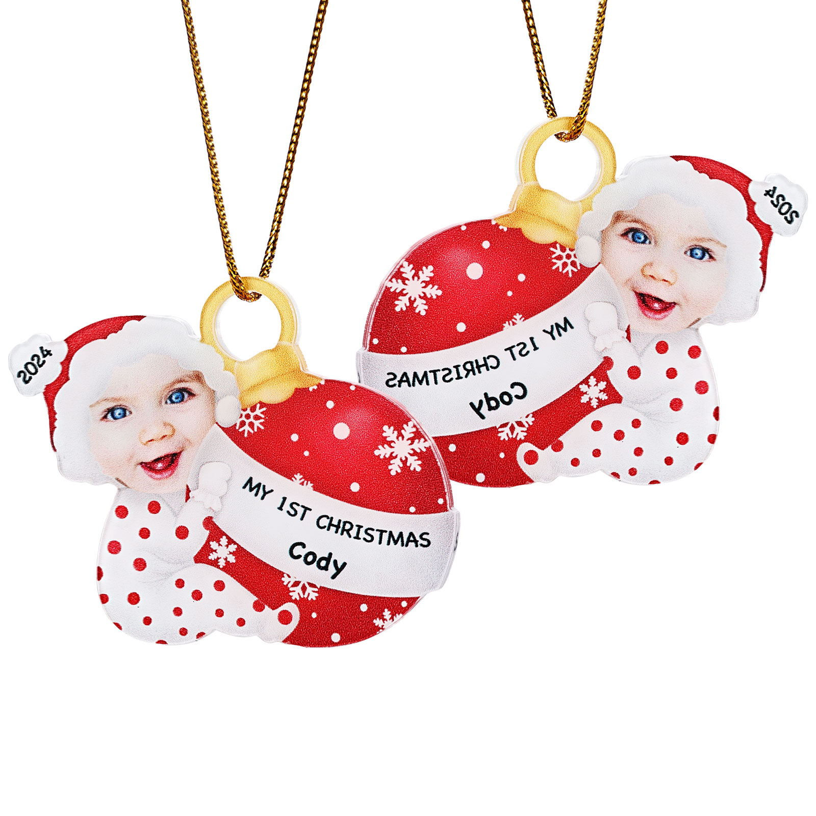 Ornamento Natalizio Personalizzato in Acrilico per il Primo Natale del Bambino con Foto, Nome, Data e Testo - Design Multicolore, Regalo di Natale per Famiglia | Jessemade