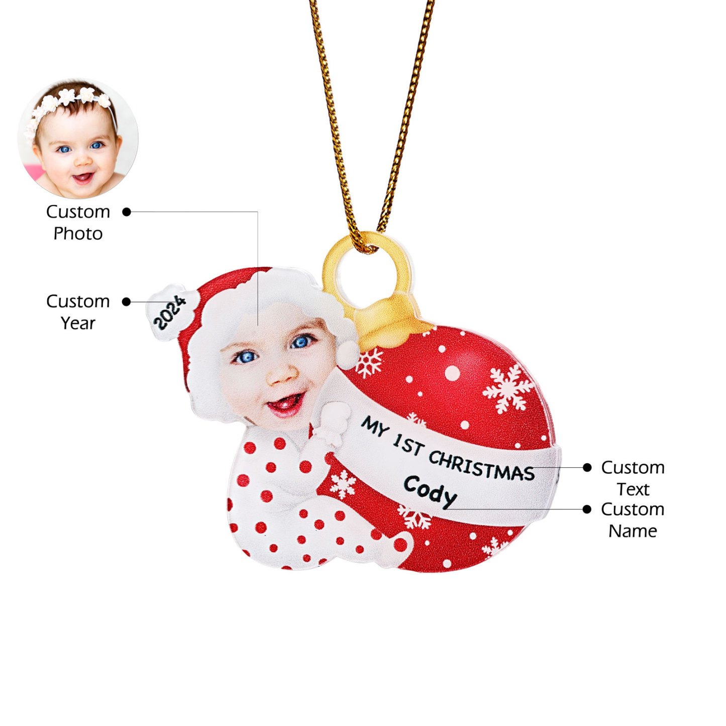 Ornamento Natalizio Personalizzato in Acrilico per il Primo Natale del Bambino con Foto, Nome, Data e Testo - Design Multicolore, Regalo di Natale per Famiglia | Jessemade