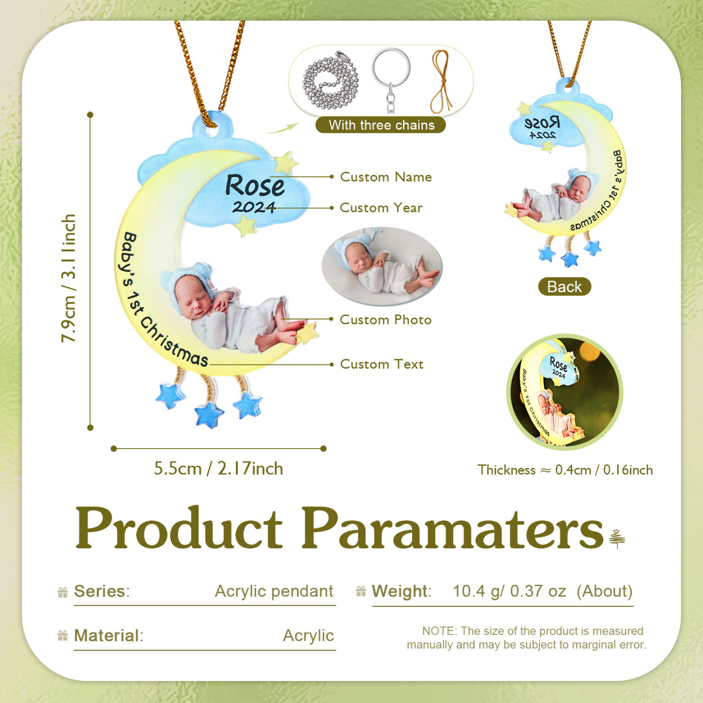 Ornamento di Natale Personalizzato in Acrilico a Forma di Luna per il Primo Natale del Bambino - Foto, Nome, Data e Testo Personalizzati, Regalo di Natale per Famiglia | Jessemade
