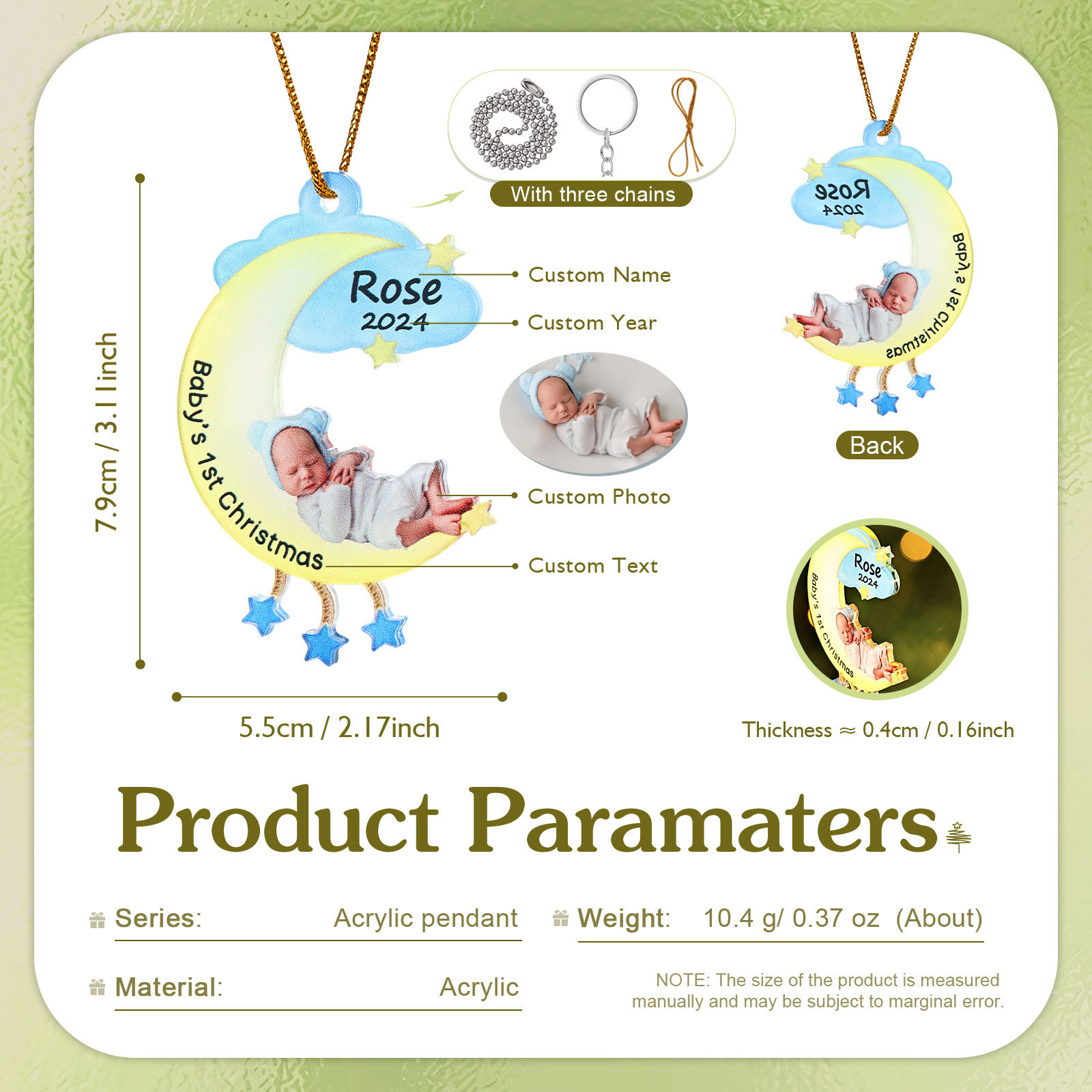 Ornamento di Natale Personalizzato in Acrilico a Forma di Luna per il Primo Natale del Bambino - Foto, Nome, Data e Testo Personalizzati, Regalo di Natale per Famiglia | Jessemade