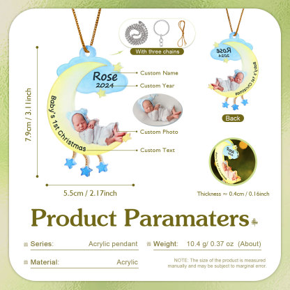 Ornamento di Natale Personalizzato in Acrilico a Forma di Luna per il Primo Natale del Bambino - Foto, Nome, Data e Testo Personalizzati, Regalo di Natale per Famiglia | Jessemade