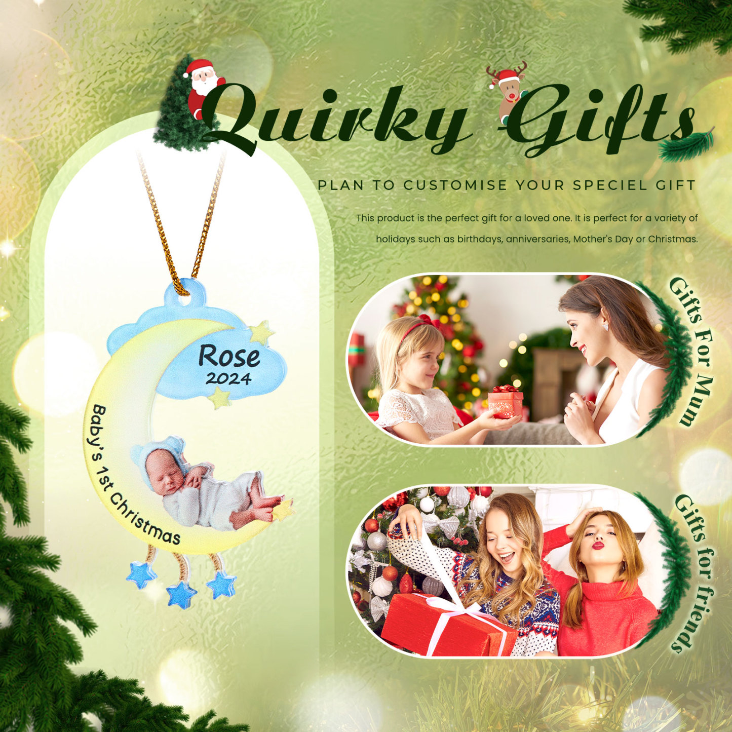 Ornamento di Natale Personalizzato in Acrilico a Forma di Luna per il Primo Natale del Bambino - Foto, Nome, Data e Testo Personalizzati, Regalo di Natale per Famiglia | Jessemade