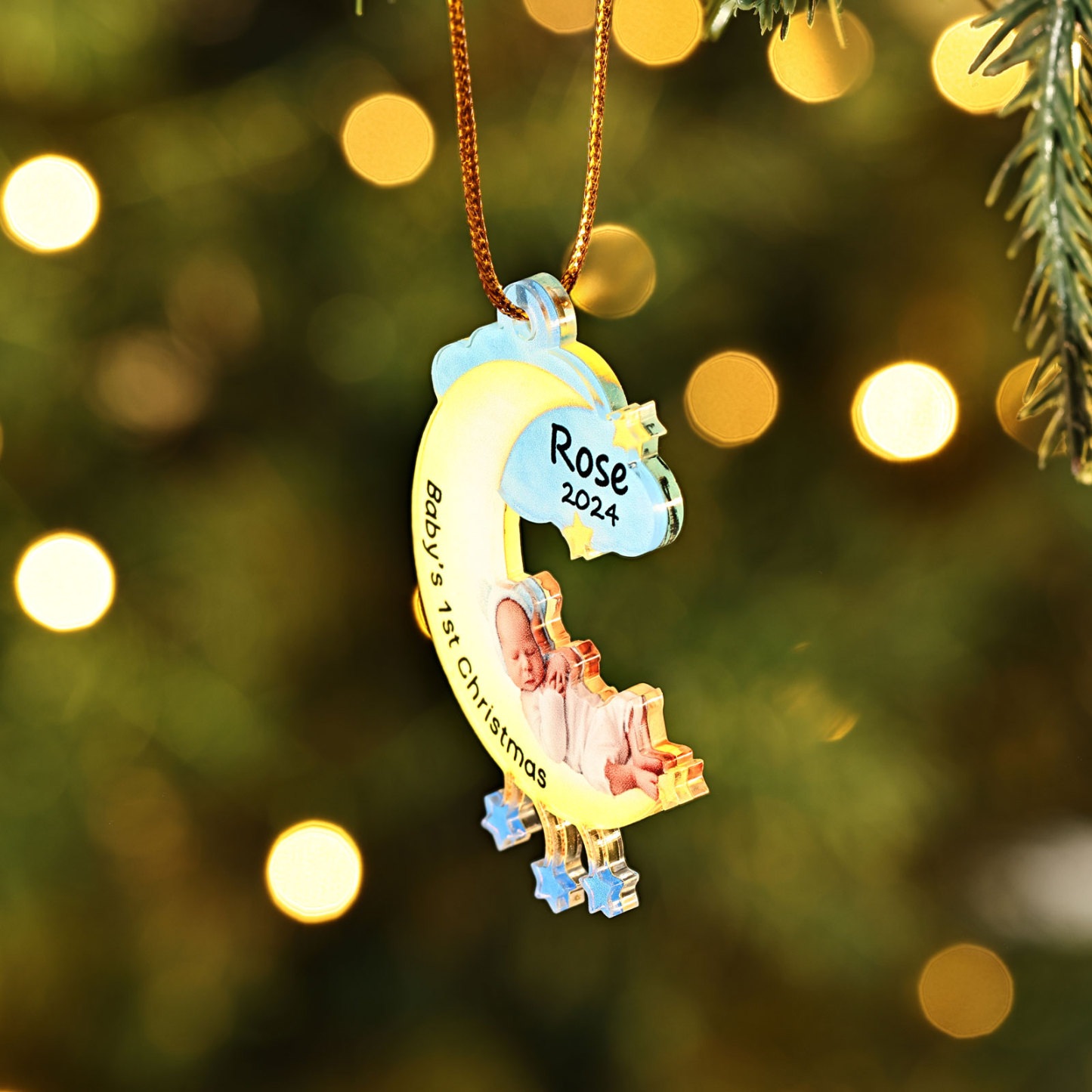 Ornamento di Natale Personalizzato in Acrilico a Forma di Luna per il Primo Natale del Bambino - Foto, Nome, Data e Testo Personalizzati, Regalo di Natale per Famiglia | Jessemade