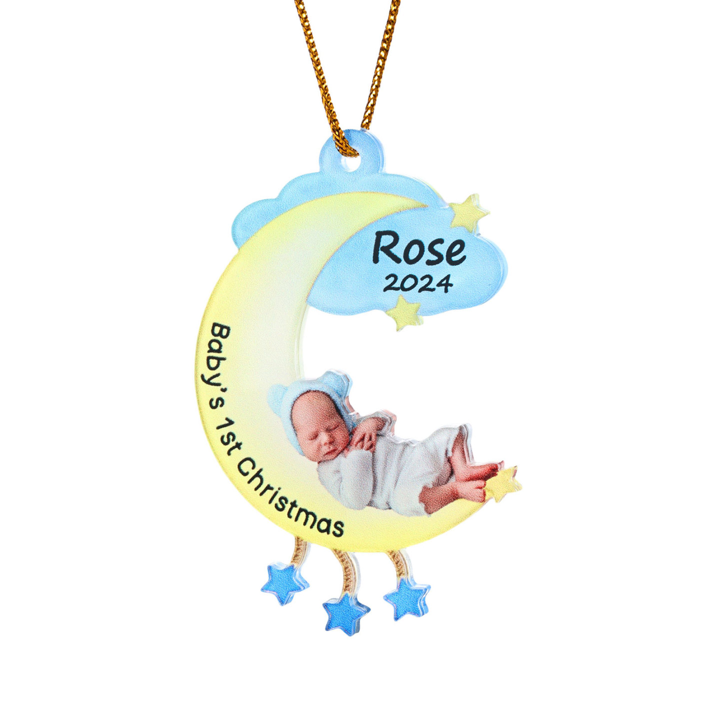 Ornamento di Natale Personalizzato in Acrilico a Forma di Luna per il Primo Natale del Bambino - Foto, Nome, Data e Testo Personalizzati, Regalo di Natale per Famiglia | Jessemade