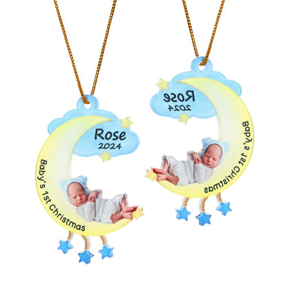 Ornamento di Natale Personalizzato in Acrilico a Forma di Luna per il Primo Natale del Bambino - Foto, Nome, Data e Testo Personalizzati, Regalo di Natale per Famiglia | Jessemade