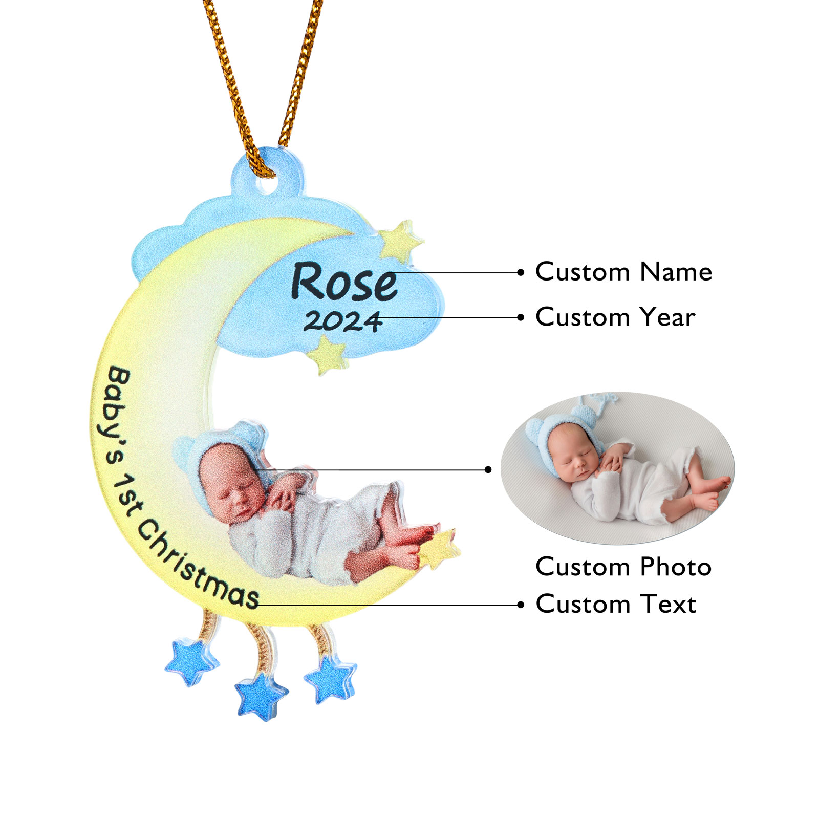 Ornamento di Natale Personalizzato in Acrilico a Forma di Luna per il Primo Natale del Bambino - Foto, Nome, Data e Testo Personalizzati, Regalo di Natale per Famiglia | Jessemade