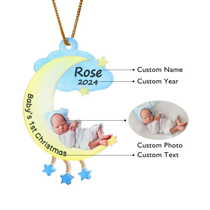Ornamento di Natale Personalizzato in Acrilico a Forma di Luna per il Primo Natale del Bambino - Foto, Nome, Data e Testo Personalizzati, Regalo di Natale per Famiglia | Jessemade