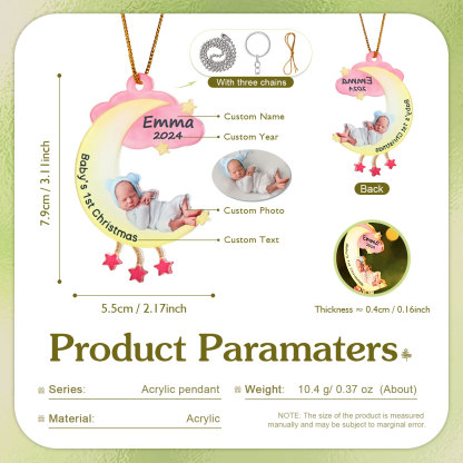 Ornamento di Natale Personalizzato in Acrilico a Forma di Luna per il Primo Natale del Bambino - Foto, Nome, Data e Testo Personalizzati, Regalo di Natale per Famiglia | Jessemade