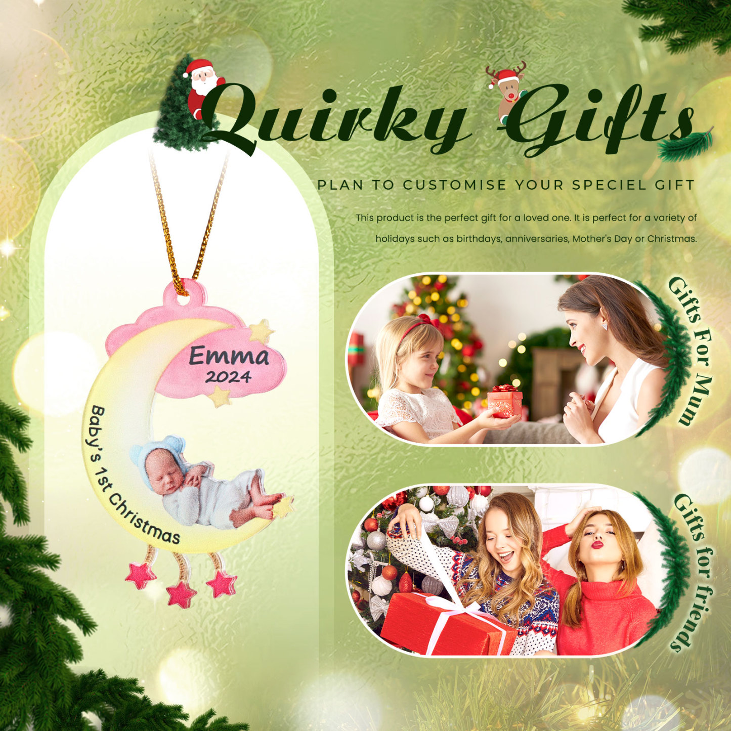 Ornamento di Natale Personalizzato in Acrilico a Forma di Luna per il Primo Natale del Bambino - Foto, Nome, Data e Testo Personalizzati, Regalo di Natale per Famiglia | Jessemade