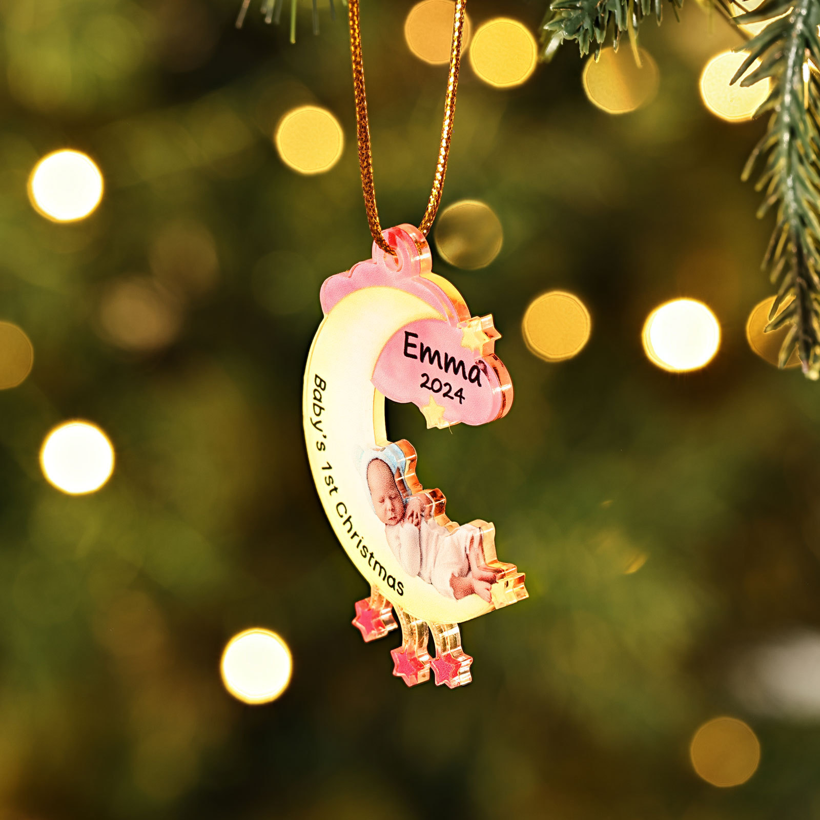 Ornamento di Natale Personalizzato in Acrilico a Forma di Luna per il Primo Natale del Bambino - Foto, Nome, Data e Testo Personalizzati, Regalo di Natale per Famiglia | Jessemade