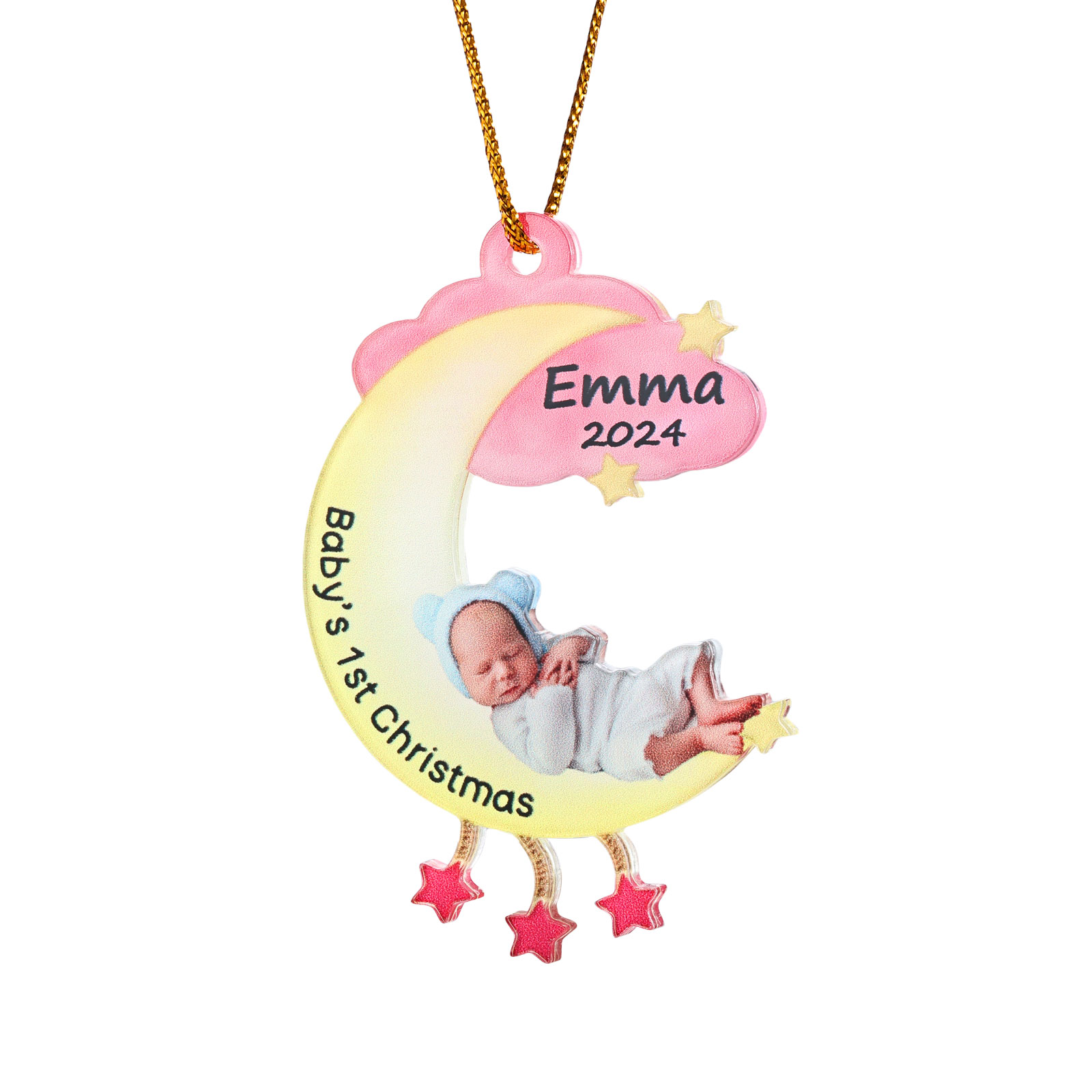 Ornamento di Natale Personalizzato in Acrilico a Forma di Luna per il Primo Natale del Bambino - Foto, Nome, Data e Testo Personalizzati, Regalo di Natale per Famiglia | Jessemade