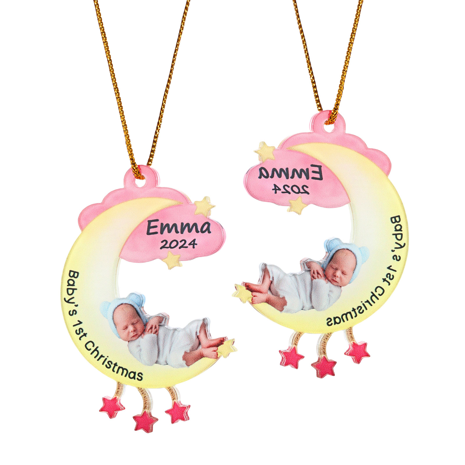 Ornamento di Natale Personalizzato in Acrilico a Forma di Luna per il Primo Natale del Bambino - Foto, Nome, Data e Testo Personalizzati, Regalo di Natale per Famiglia | Jessemade