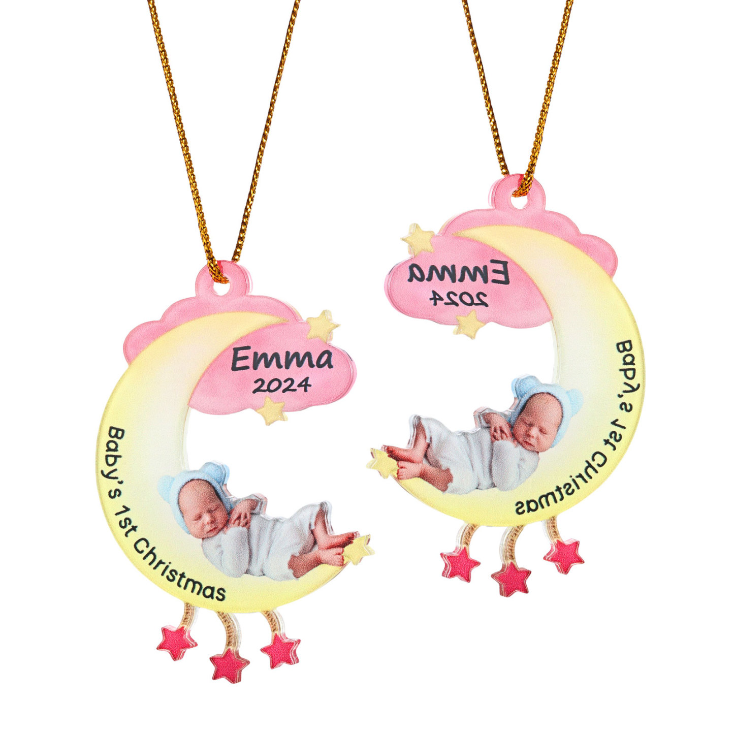 Ornamento di Natale Personalizzato in Acrilico a Forma di Luna per il Primo Natale del Bambino - Foto, Nome, Data e Testo Personalizzati, Regalo di Natale per Famiglia | Jessemade