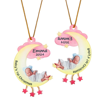 Ornamento di Natale Personalizzato in Acrilico a Forma di Luna per il Primo Natale del Bambino - Foto, Nome, Data e Testo Personalizzati, Regalo di Natale per Famiglia | Jessemade