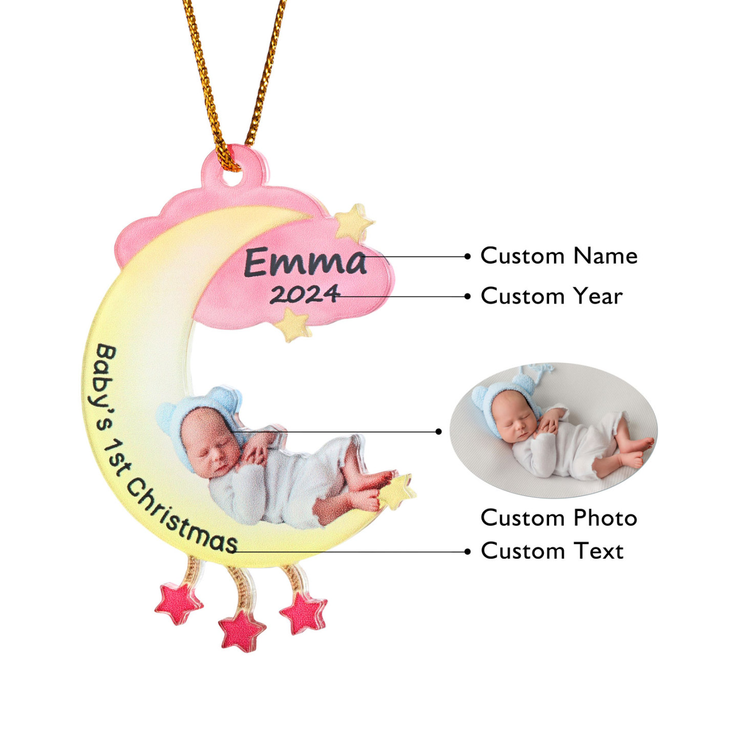Ornamento di Natale Personalizzato in Acrilico a Forma di Luna per il Primo Natale del Bambino - Foto, Nome, Data e Testo Personalizzati, Regalo di Natale per Famiglia | Jessemade