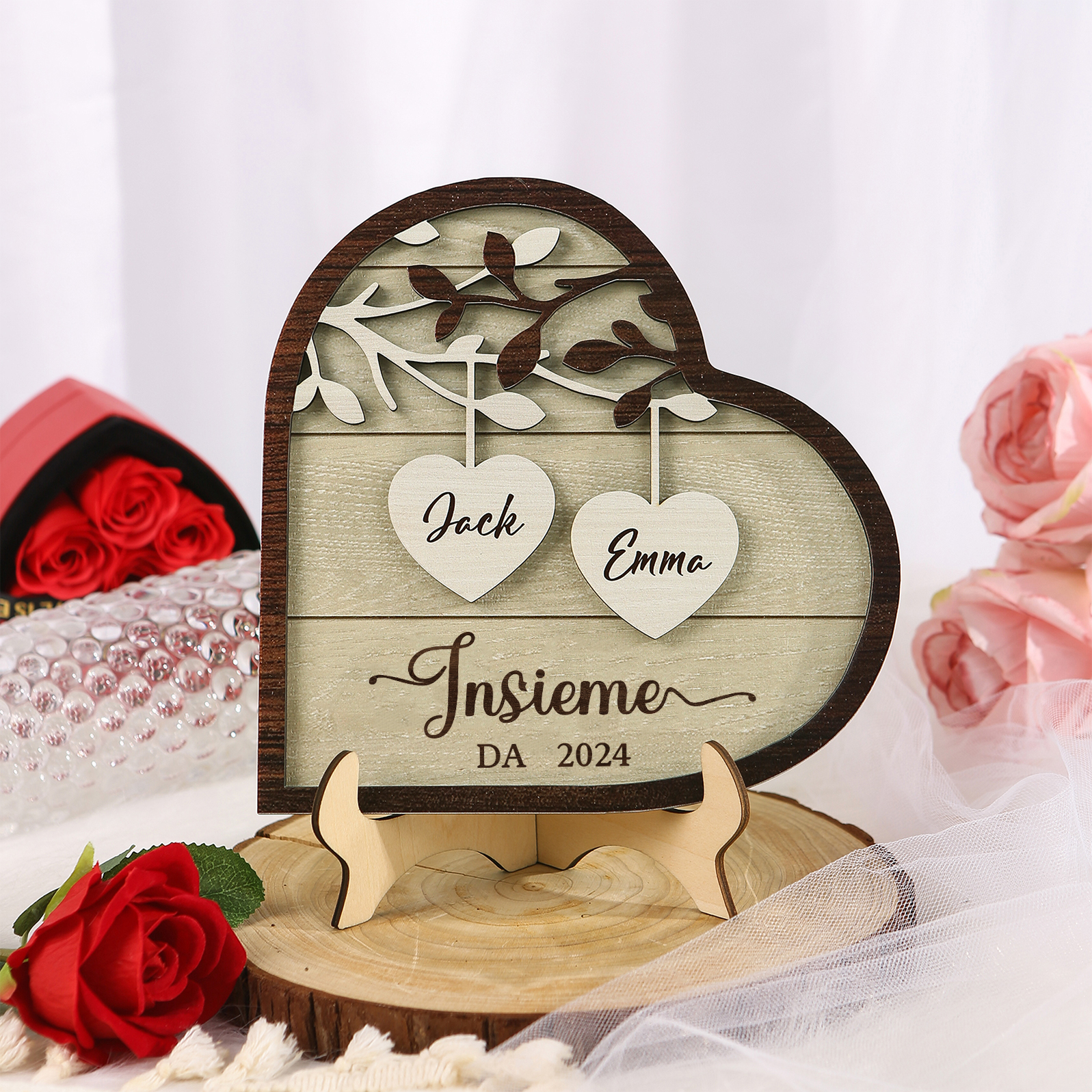 Cuore Ornamenti in Legno Personalizzato con Nomi e Data – Regalo Roman