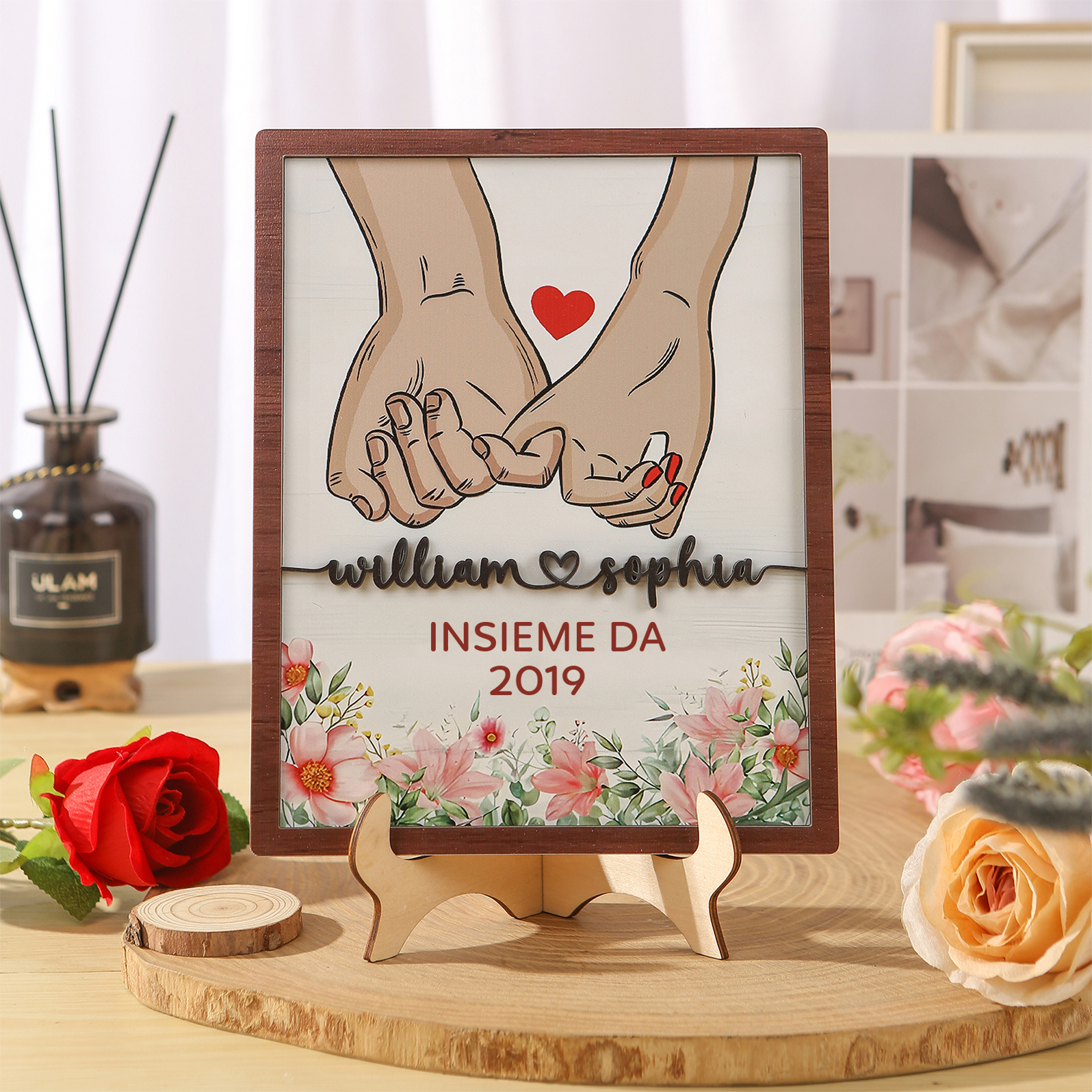 Ornamenti in Legno Personalizzata con Mani Intrecciate, Nomi & Data –